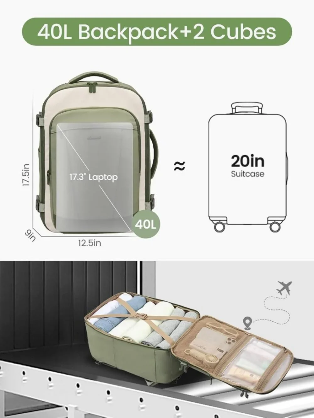 Spacious 40L Travel Backpack, Airline Approved Carry-On, Fits 17.3